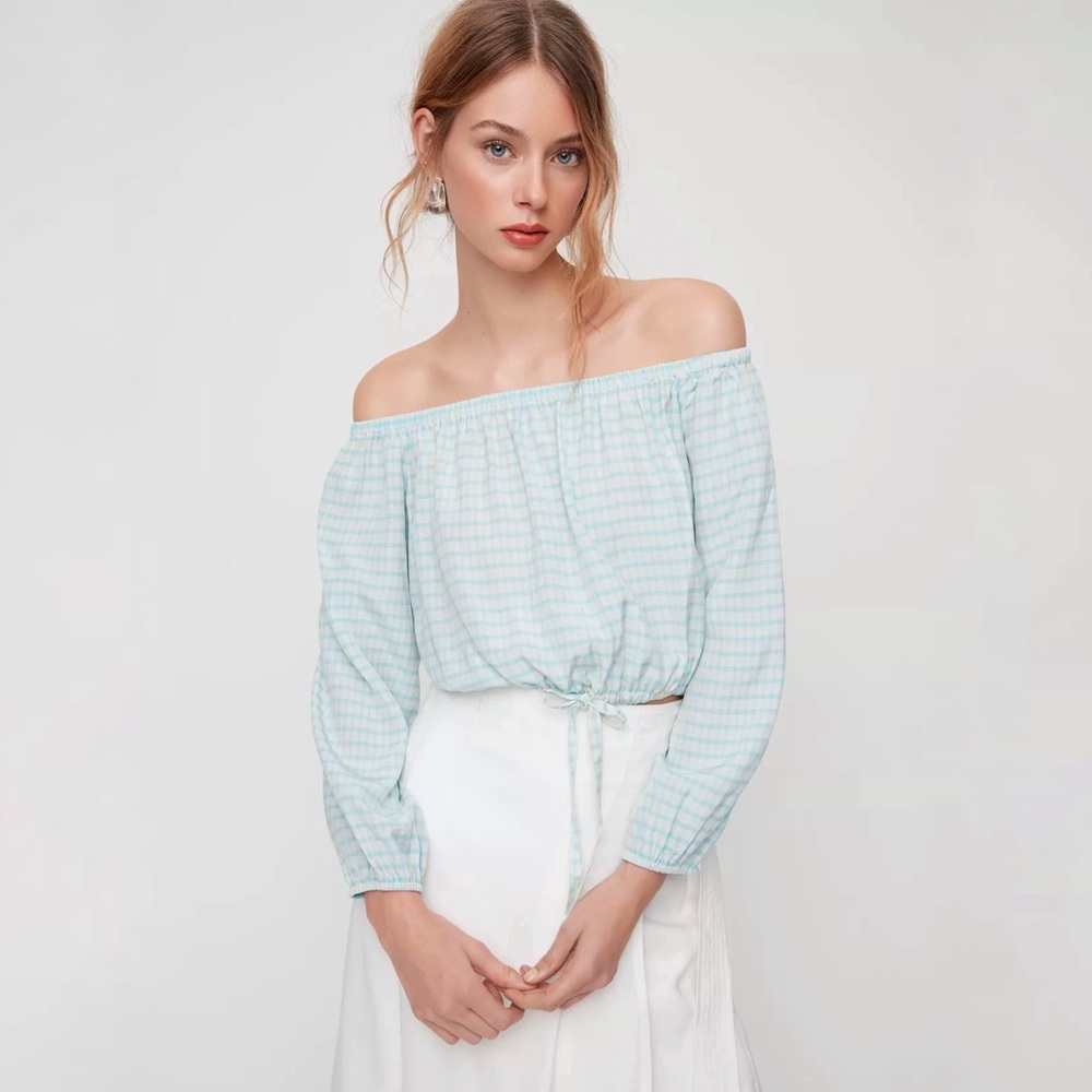 Aritzia | Wilfred | Eleanora Gingham Off The Shoulder Blouse Size S